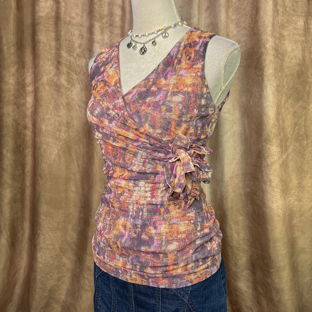 Vintage Y2K Mesh Top Abstract Geometric Sleeveless Floral Ruffled Fitted Boho